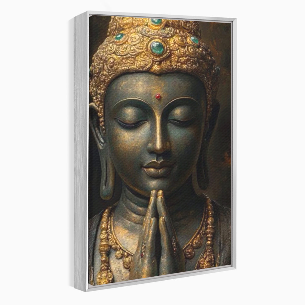 Tablou canvas cu tablou canvas cu buddha in rugaciune, in rama de aluminiu argintiu